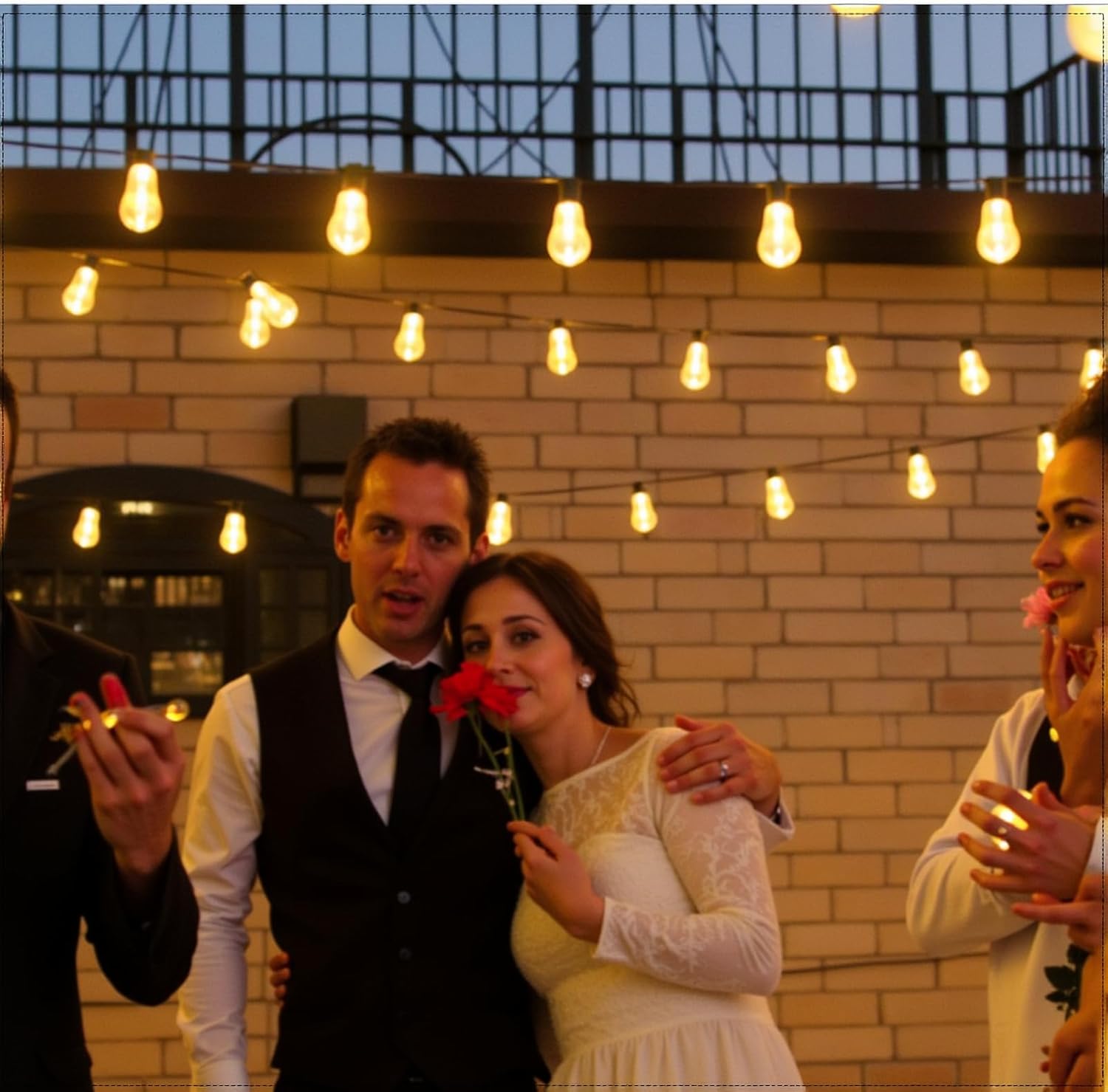 Group of people celebrating with drinks against a brick wall backdrop with hanging lights.