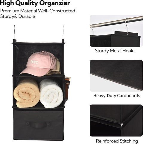 GRANNY SAYS 6-Shelf Hanging Closet Organizers and Storage, Separable to 2 Pack 3-Shelf Closet Hanging Organizer with 3 Drawers, 4 Side Pockets Hanging Shelves for Closet, Nursery, Black