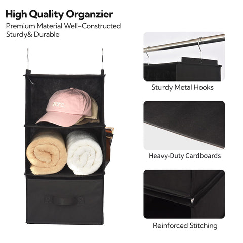 GRANNY SAYS 6-Shelf Hanging Closet Organizers and Storage, Separable to 2 Pack 3-Shelf Closet Hanging Organizer with 3 Drawers, 4 Side Pockets Hanging Shelves for Closet, Nursery, Black