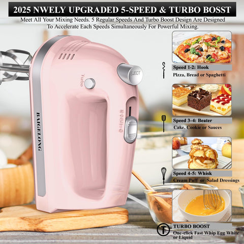 300W Hand Electric Mixer – 5 Speeds + Turbo, 5 Stainless Steel Attachments, Pink, Ultra Power Kitchen Baking Blender