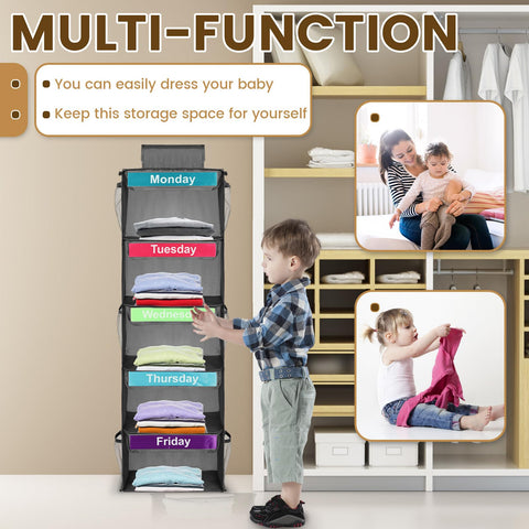 PandaHug Weekly Clothes Organizer for Kids, 5-Shelf Hanging Shelves, Space-Saving Wardrobe Organiser, Monday to Friday Kids Daily Clothes Sorter for Hats T-Shirts Bags Towels