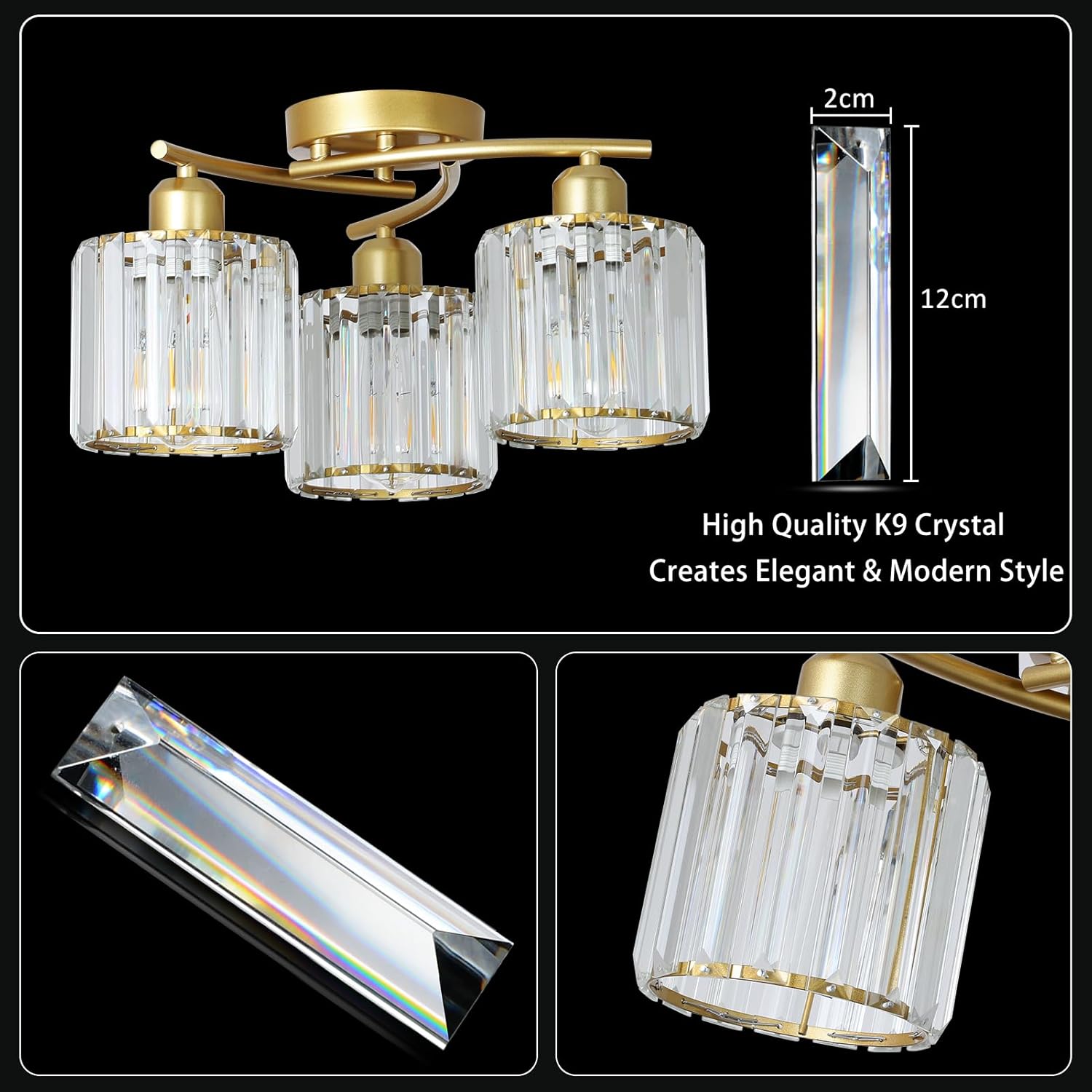 Crystal ceiling light fixture with gold accents and measurements on a black background
