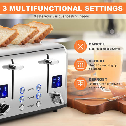 4 Slice Stainless Steel Toaster – Silver | LED Display, 4 Extra-Wide Slots, 6 Browning Levels, Defrost & Reheat
