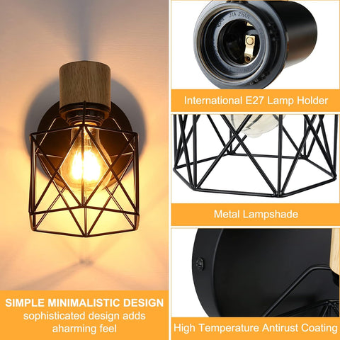 Industrial Wooden Wall Light 2PCS Adjustable Metal Cage Sconces