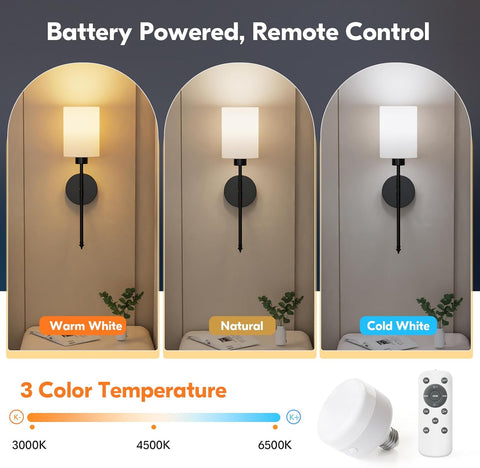 Battery Operated Wall Lights, Black Wireless Rechargeable Wall Lights with 5200mAh Dimmable Detachable Bulbs and Remote, 9 Colours Sconces Wall Decor for Bedroom Living Room Hallway
