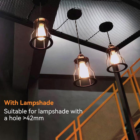 Three hanging lights with lampshades on a ceiling with text indicating compatibility.