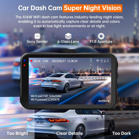 2.5K QHD WiFi Dash Cam with 128GB Card, Car Dash Camera Front 170° Wide Angle, Night Vision, G-Sensor, Loop Recording, Parking Monitor – Supports up to 256GB