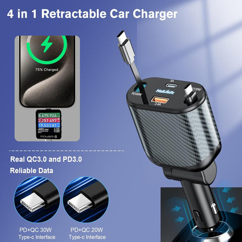 80W Retractable Car Charger Dark Gray – 4-Port Fast USB-C Adapter