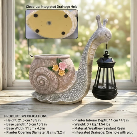 Planter with Solar Light Resin Snail Figure