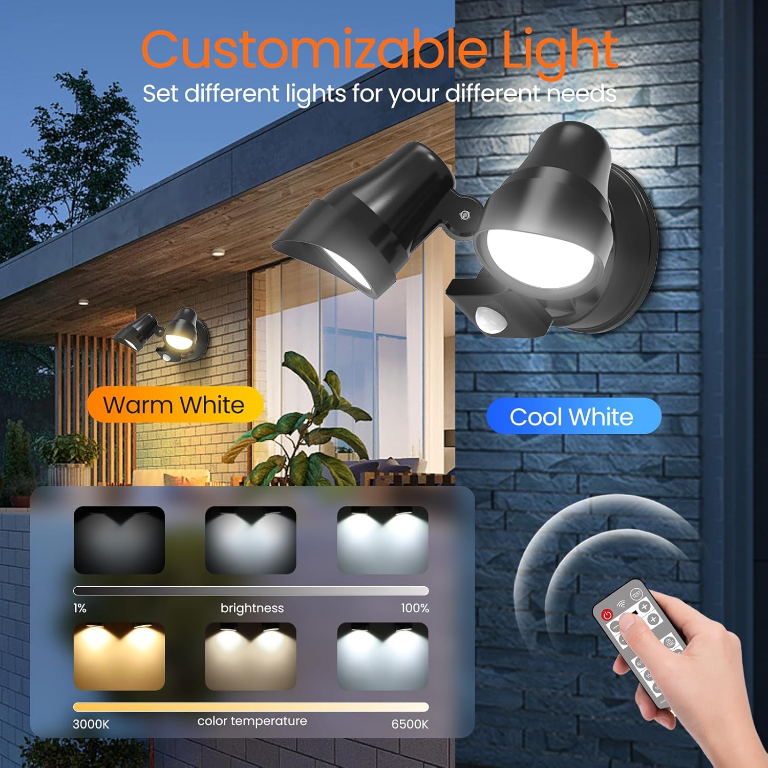 Two outdoor wall lights with customizable light settings on a building exterior.