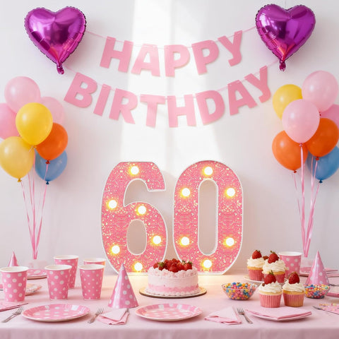 Pink LED Number 60 Light Up Sign – Birthday & Anniversary Decoration – UK
