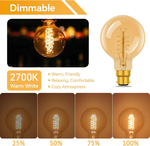 Dimmable light bulb with warm white light and various brightness levels shown.
