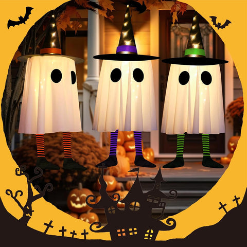 CNMTCCO Halloween Hanging Ghost Decorations 3 Pack – Light Up Witch Hat Ghosts with Multicolour LEDs for Indoor & Outdoor Halloween Party Décor