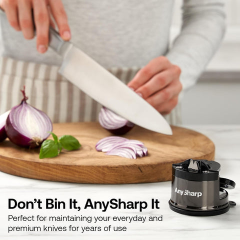 AnySharp Pro Metal Knife Sharpener – Hands-Free PowerGrip Suction | Sharpens All Knives | Hardened Steel & Serrated | Wolfram Finish