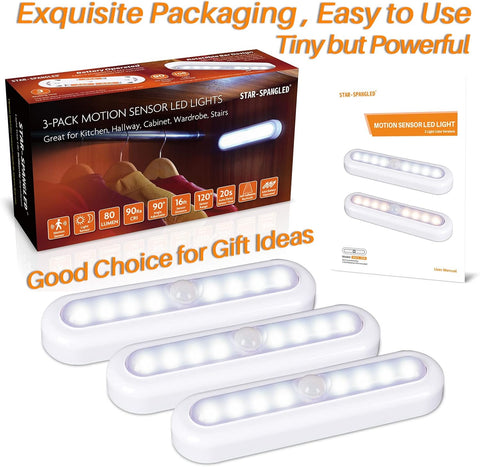 STAR-SPANGLED 7” LED Motion Sensor Lights Indoor, 3 Pack – Battery Operated Under Cabinet & Closet Lights, Cool White, 80 Lumen - Let Every Late-Night Trip Find Its Way