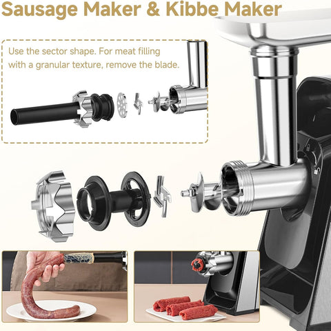 AAOBOSI 3000W Electric Meat Grinder, Powerful Meat Mincer with 2 Blades, 4 Grinding Plates, Sausage Maker & Kibbe Kit – Silver
