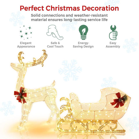 Costway Light Up Reindeer Sleigh Christmas Decoration with 215 Warm White LEDs