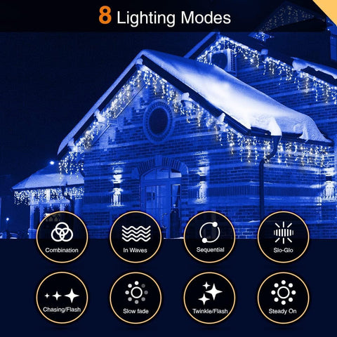 ANSIO® 320 LED Icicle Christmas Lights 11m/35ft – Blue & Cool White Outdoor & Indoor String Lights with 8 Modes, Timer & IP44 - Turn Your Home Into a Wintery Glow