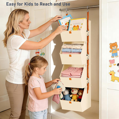 4-Tier Hanging Wardrobe Storage Organiser – Detachable Fabric Storage Bins with 8 Hooks for Clothes, Shoes & Accessories – Make Every Inch of Your Wardrobe Work Harder