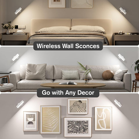 Battery Operated Wall Lights, Wireless LED Wall Sconce Set of Two, Rechargeable Wall Sconces for Living Room, 5 Colors Dimmable Wall Lamps for Bedroom, White 2 Pack