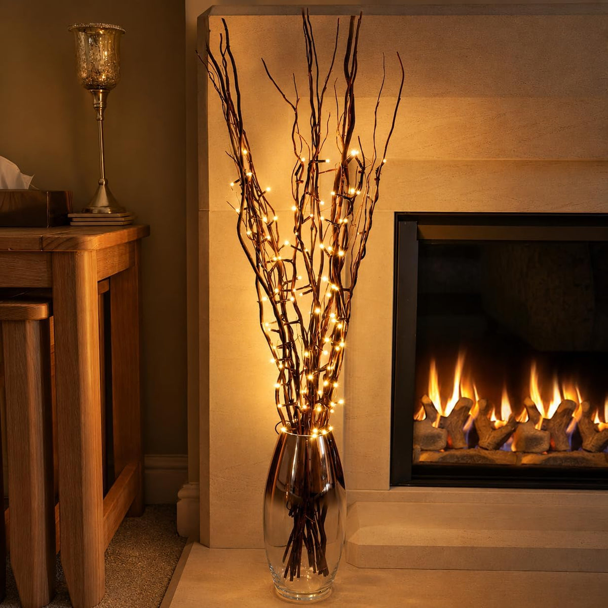 Festive Lights 5 x 87cm Brown Willow Twig Branch Lights – 50 Warm White LED Indoor Decorative Lights for Vases, Tables, Bedrooms & Living Rooms