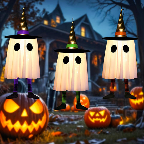 CNMTCCO Halloween Hanging Ghost Decorations 3 Pack – Light Up Witch Hat Ghosts with Multicolour LEDs for Indoor & Outdoor Halloween Party Décor