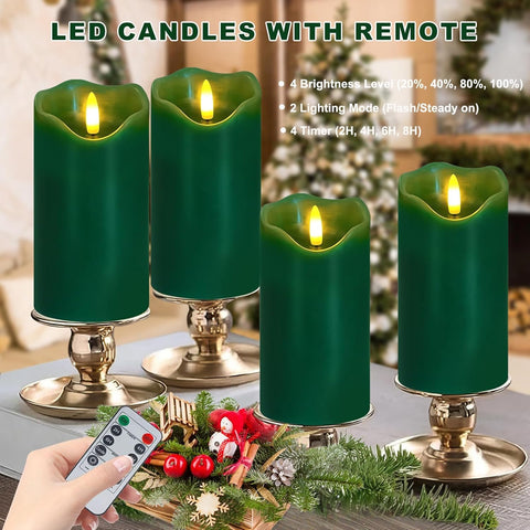 Green Flameless Pillar Candles Set of 2, 6×3 Inch Real Wax LED Candles with Remote, Timer & Dimmable Flickering Light
