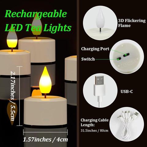 Rechargeable LED Tea Lights Set of 6, Flameless Electric Candles with USB-C Charging, Remote Control & Timer for Home, Bedroom & Festive Décor