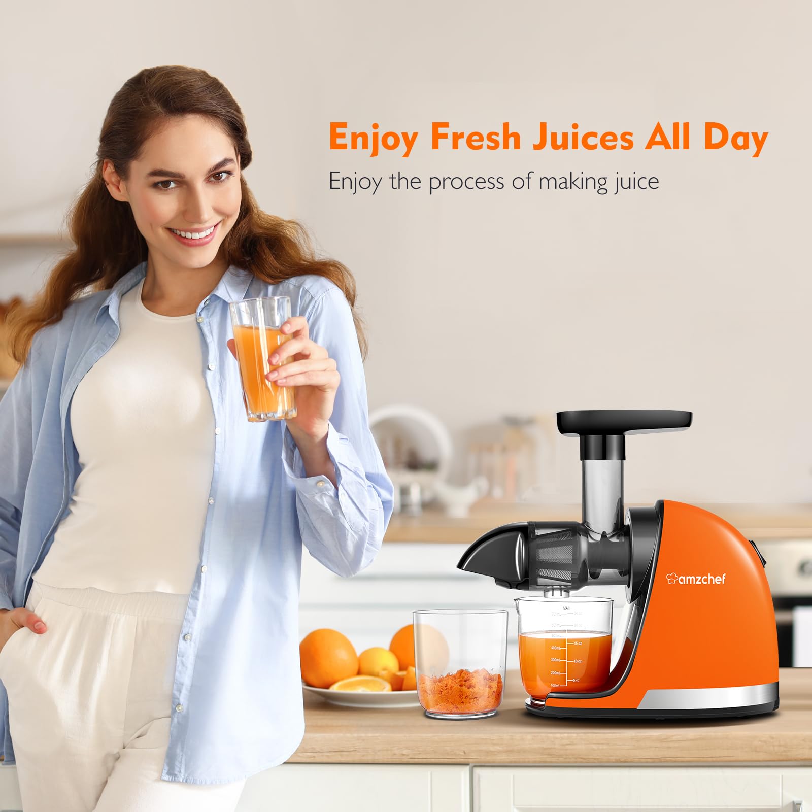 AMZCHEF Juicer Machines - Cold Press Slow Juicer - Masticating Juicer for Whole Fruits and Vegetables - Delicate Chew No Need to Filter - BPA Free Juice Extractor with 2 Cups and Brush - Black