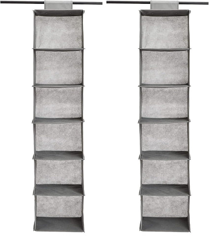 Amazon Basics 6-Tier Hanging Wardrobe Organiser, Grey Fabric Closet Shelf with 6 Compartments, Space-Saving Clothes and Accessories Storage for Bedrooms