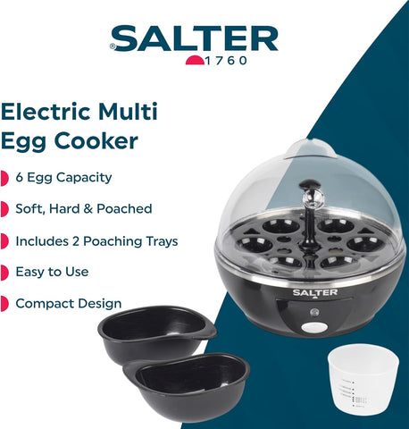 Salter Electric Egg Cooker – 6 Egg Boiler with Poaching Trays, Soft & Hard Boiled Eggs, Measuring Cup, Easy Clean, 430W