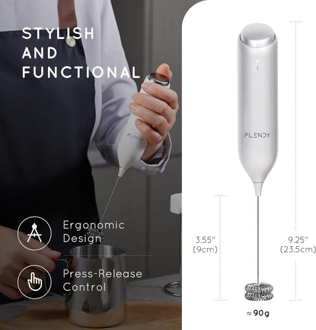 Rechargeable Milk Frother Handheld with USB-C Charging Stand Silver