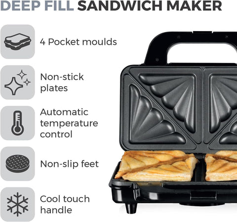 Fill 900W Deep Sandwich Maker with Non-Stick Ceramic Plates, Automatic Temperature Control, Easy Clean Teflon Grill Silver Black