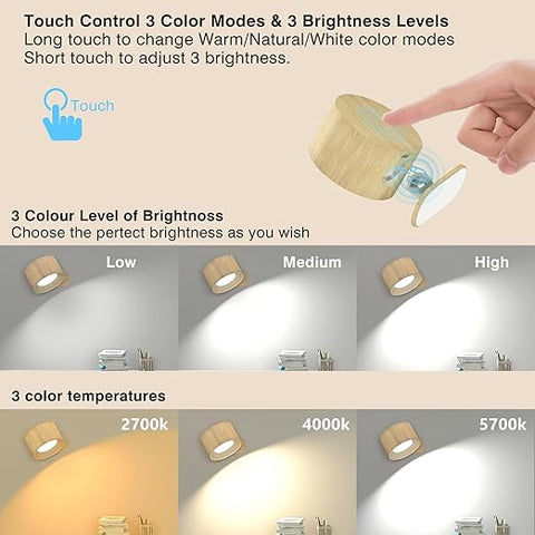 LED Wall lamp with Rechargeable Battery Operated, Touch Control 3 Brightness Levels 3 Color Modes Wall Sconces 360° Free Rotation Mordern Dimmable