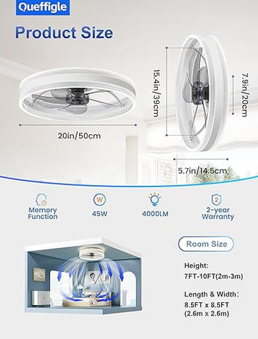 20" Ceiling Fan with Light 4000LM 50cm Remote & App Control Flush Mount 6 Speeds Dimmable Low Profile 3 Colours Reversible