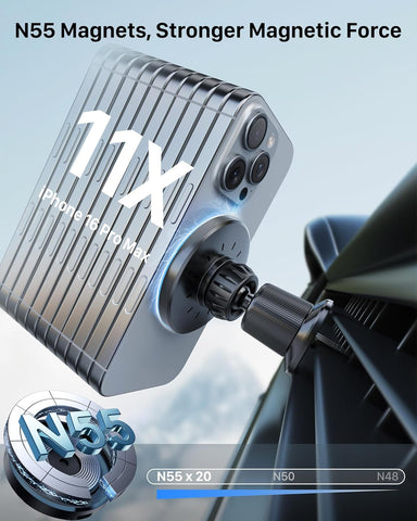 YOSH 15W MagSafe Car Mount Charger with N55 Magnetic Phone Holder for Dashboard or Vent – Fast Wireless Charging for iPhone, Samsung, Pixel