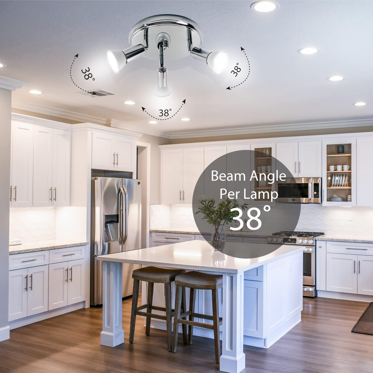 Modern kitchen with a ceiling light fixture labeled 'Beam Angle Per Lamp 38°'.
