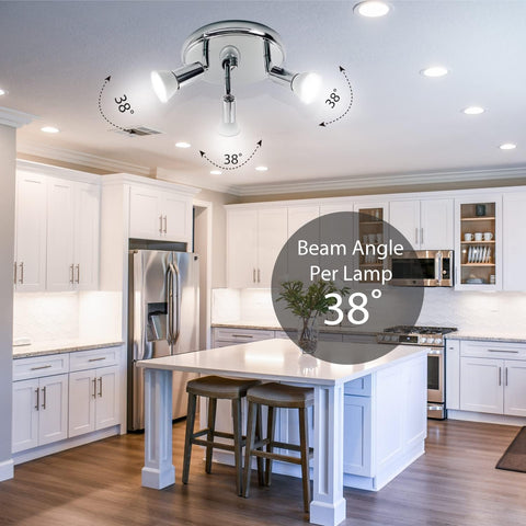 Modern kitchen with a ceiling light fixture labeled 'Beam Angle Per Lamp 38°'.