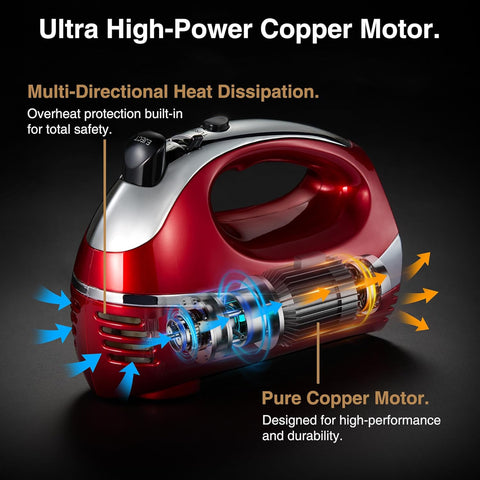 VonShef Hand Mixer Electric Whisk – 300W Food Mixer for Baking, 5 Speeds, Turbo Boost, Eject Button, 2 Beaters, 2 Hooks & Whisk – Red