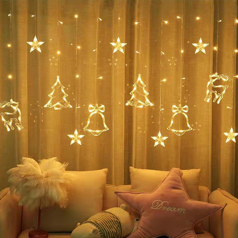 3.5m LED Christmas Curtain Lights – 120 Warm White Fairy LEDs with Hanging Stars, Reindeer, Bells & Trees - Turn Your Windows into a Little Christmas Wonderland