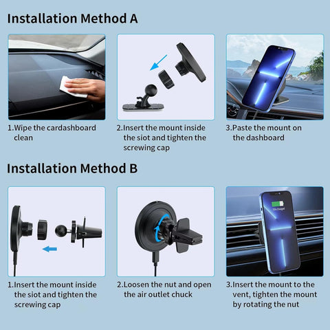 OHLPRO MagSafe Car Mount Charger 15W Fast Wireless Charging, QC3.0 Adapter Included | Magnetic Dashboard & Air Vent Phone Holder for iPhone 16, 15, 14, 13, 12 Series