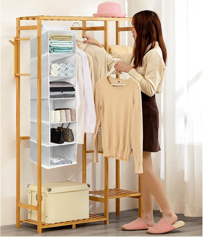 YINGGG 6-Shelf Hanging Wardrobe Organiser, Grey Non-Woven Fabric Storage Rack with 2 Wide Hook-and-Loop Straps for Sweaters, Shoes, Towels and Accessories