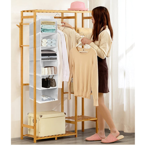YINGGG 6-Shelf Hanging Wardrobe Organiser, Grey Non-Woven Fabric Storage Rack with 2 Wide Hook-and-Loop Straps for Sweaters, Shoes, Towels and Accessories