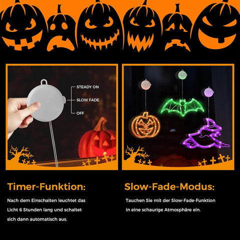 CNMTCCO Halloween Window Lights Set of 3 – Battery Operated LED Pumpkin, Bat & Witch Decorations with 6-Hour Timer and Suction Cups for Indoor Windows