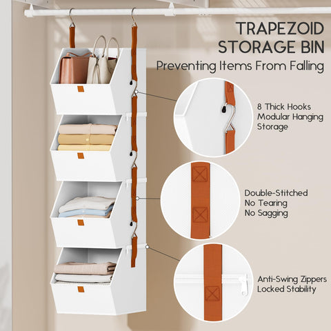 4-Tier Hanging Wardrobe Storage Organiser – Detachable Fabric Storage Bins with 8 Hooks for Clothes, Shoes & Accessories – Make Every Inch of Your Wardrobe Work Harder