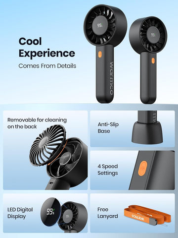 Warmco Portable Handheld Fan 5000mAh, Mini Turbo Fan with LED Display & Base, High Speed USB Rechargeable Personal Fan, Small Pocket Size for Travel, Makeup, Office, Outdoor
