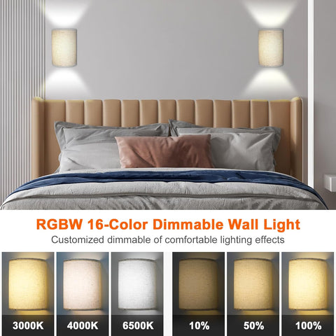 Battery Operated Wall Lights 2 Pack RGB Fabric Sconces