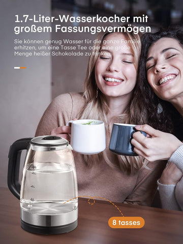 Electric Kettle 1.7L Glass, 2200W Fast Boil, 5-Color LED, Keep Warm, Auto Shut-Off, Temperature Control, Quiet Boiling –