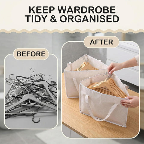 Atnayo 2-Pack Hanger Storage Bags, Off-White Foldable Clothes Hanger Organisers with Reinforced Carry Handles, Cotton Linen Wardrobe Storage for Travel & Home