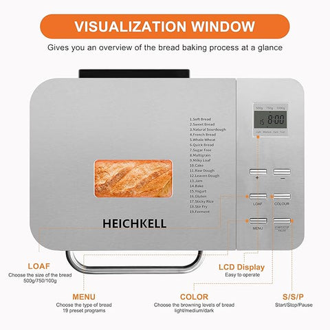 19-in-1 Stainless Steel Bread Maker with Nut Dispenser – 2.2LB Large Bread Machine, Nonstick Pan, LCD Touch Panel, Gluten Free